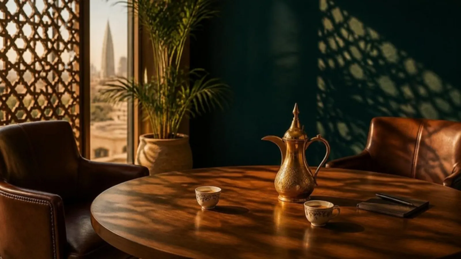 A quiet meeting room with a dallah coffee pot and two cups on a round wooden table.