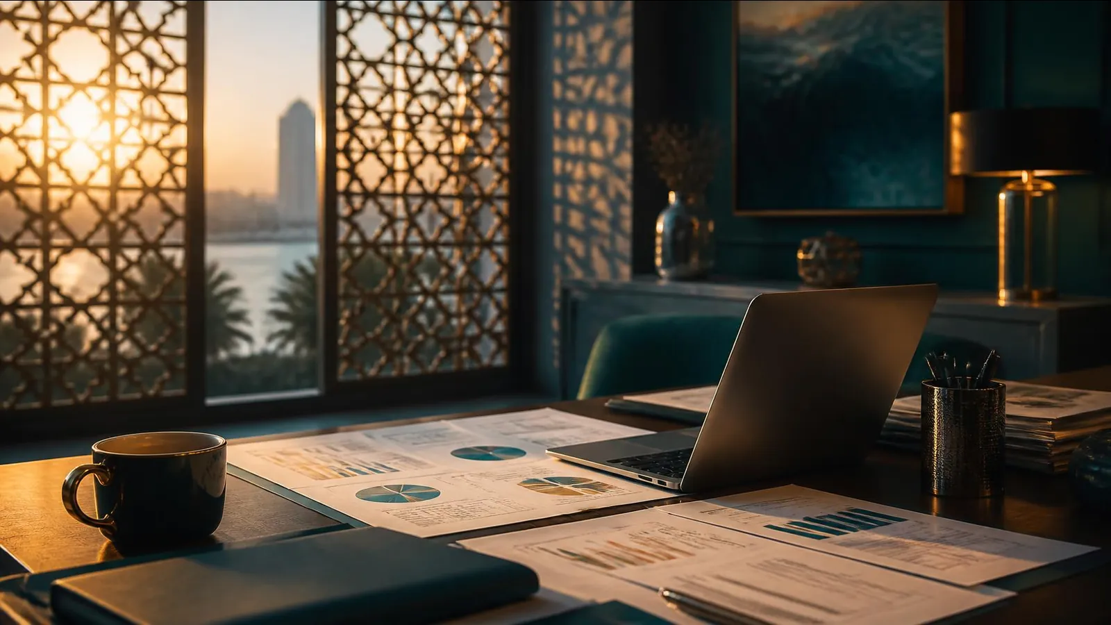 A desk with printed charts and a laptop, lit through a mashrabiya screen overlooking the sea.